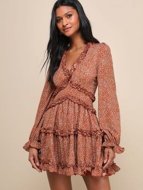 Lulus Rust Floral Ruffle Mini Dress - Women
